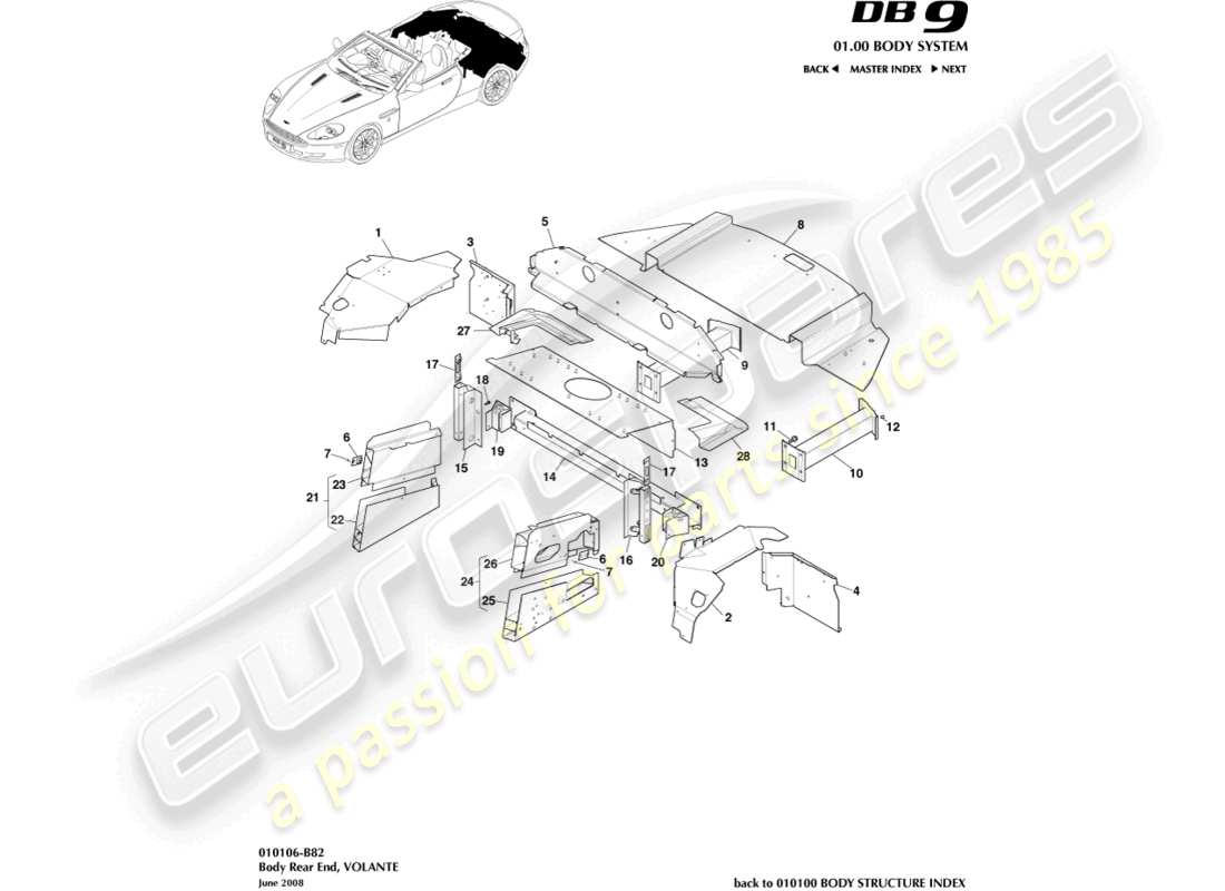 aston martin db9 (2007) partie arrière de la carrosserie, diagramme de pièces volante