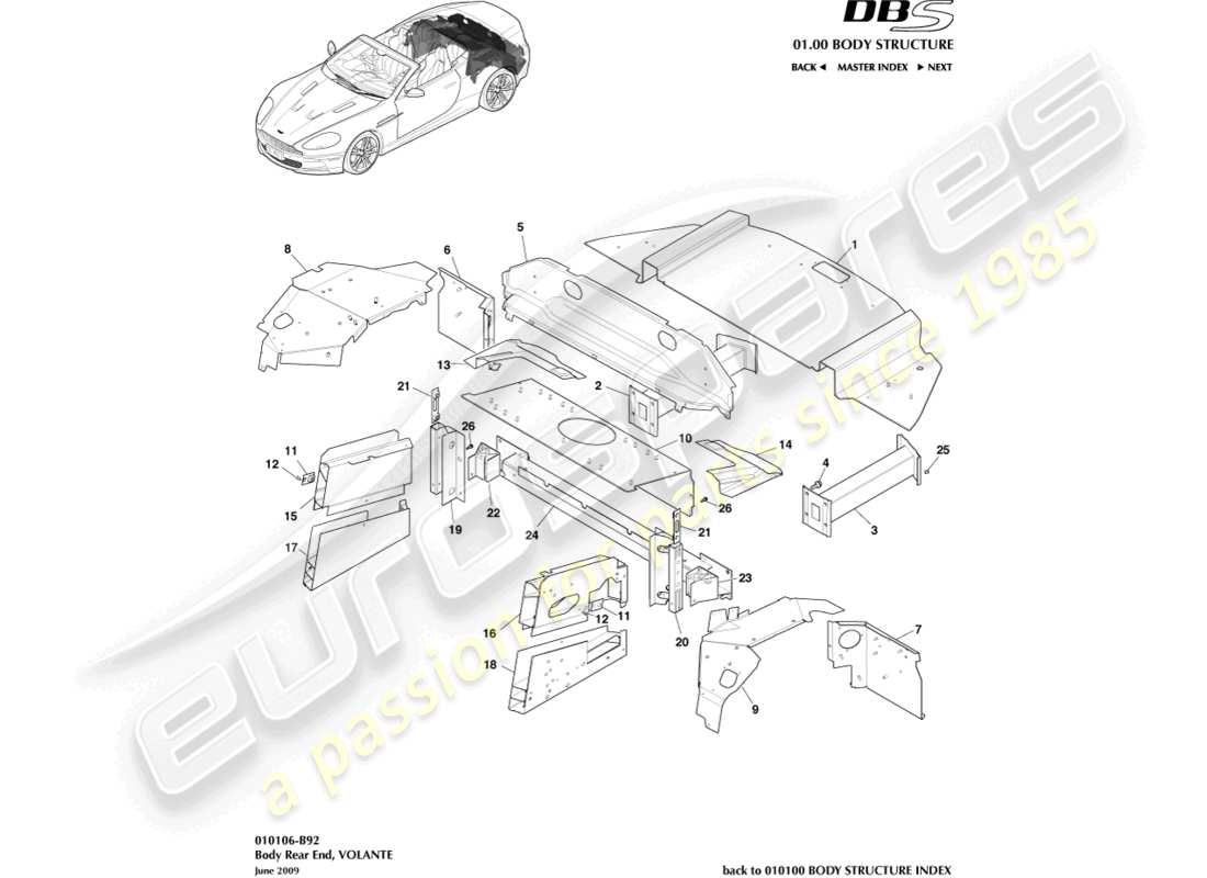 aston martin dbs (2010) partie arrière de la carrosserie, diagramme de pièces volante