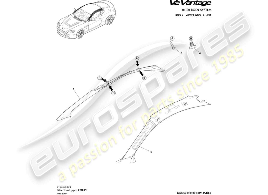aston martin v12 vantage (2010) garniture de pilier, supérieure, schéma des pièces du coupé