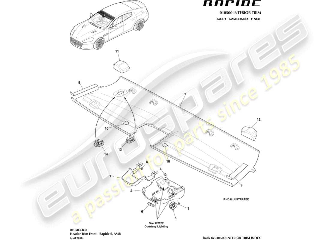 aston martin rapide (2011) garniture de linteau avant, diagramme des pièces s