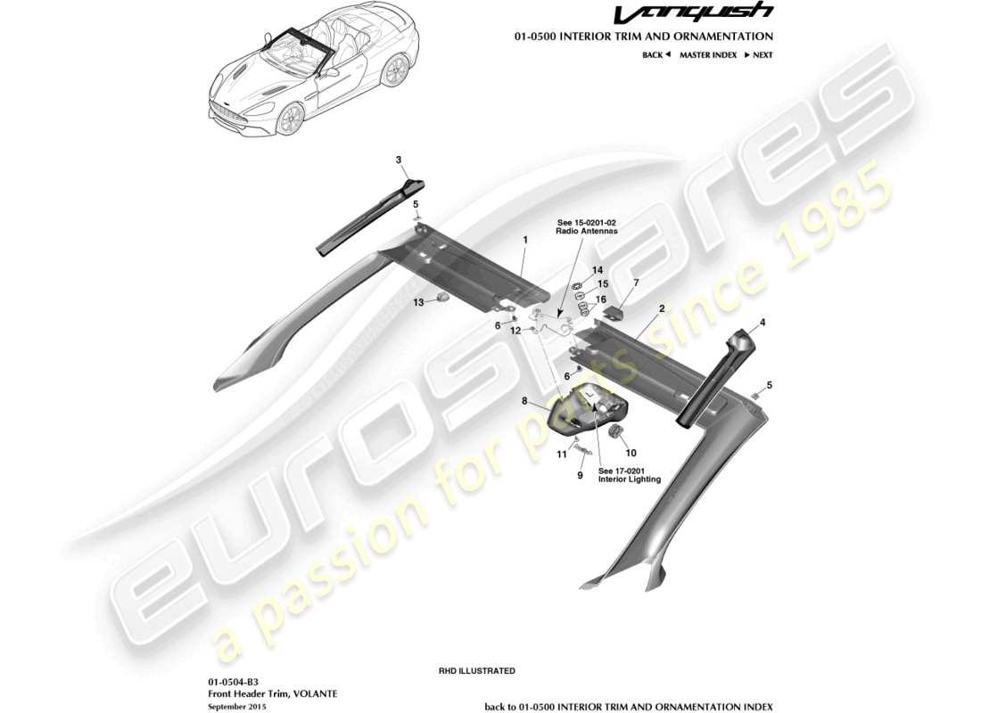 aston martin vanquish (2016) garniture de linteau avant, diagramme de pièce volante