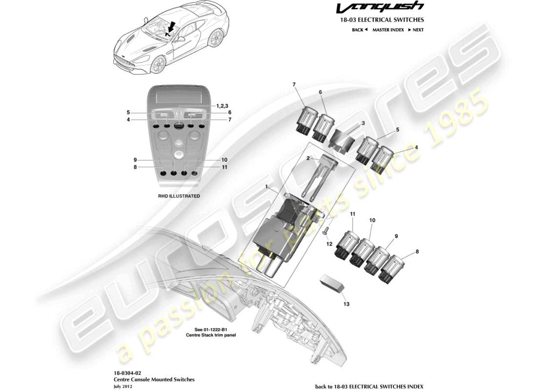 aston martin vanquish (2016) commutateurs de console centrale schéma des pièces
