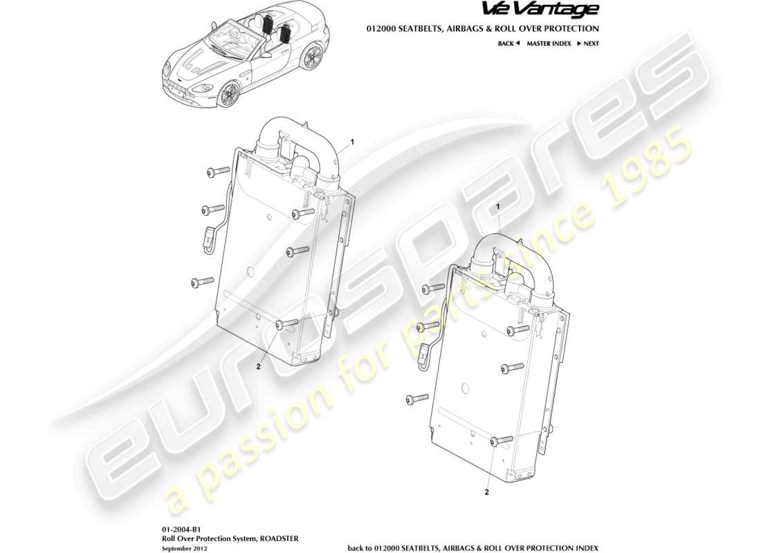 aston martin v12 vantage (2013) installation du rops, diagramme des pièces du roadster