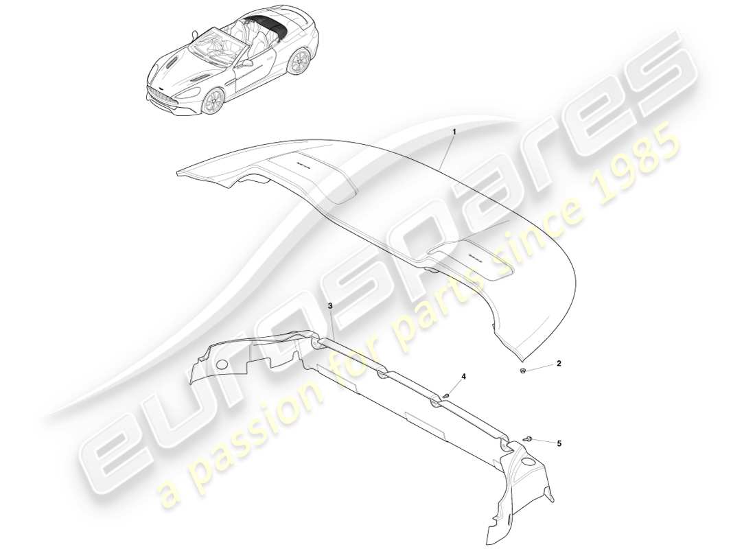 aston martin vanquish (2014) garniture d'ouverture de toit, diagramme de pièce volante