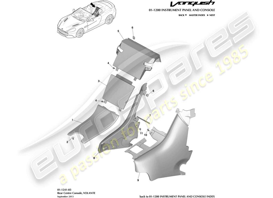aston martin vanquish (2015) console arrière, diagramme de pièce volante