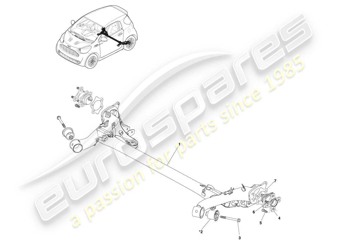 aston martin cygnet (2012) schéma des pièces de l'ensemble de poutre de suspension arrière
