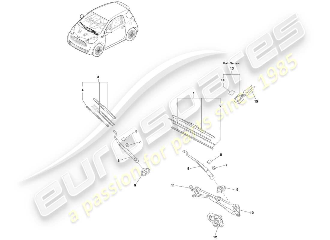 aston martin cygnet (2012) essuie-glace avant, diagramme de pièces lhd