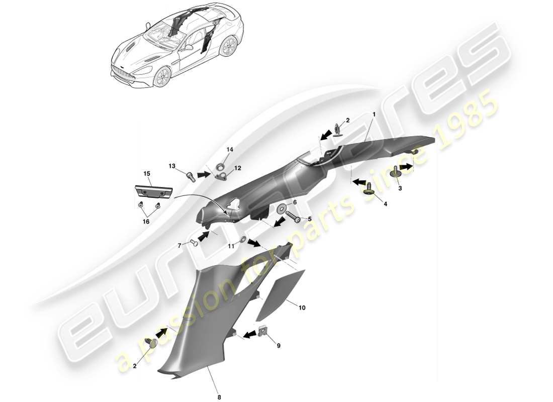 aston martin vanquish (2014) panneau de garniture de custode arrière, schéma de pièces du coupé 2+0