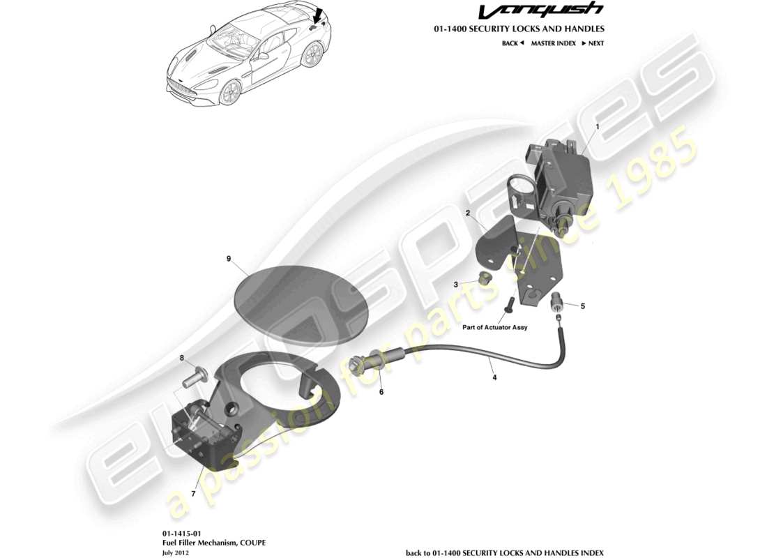 aston martin vanquish (2015) mécanisme de remplissage de carburant, coupé schéma des pièces