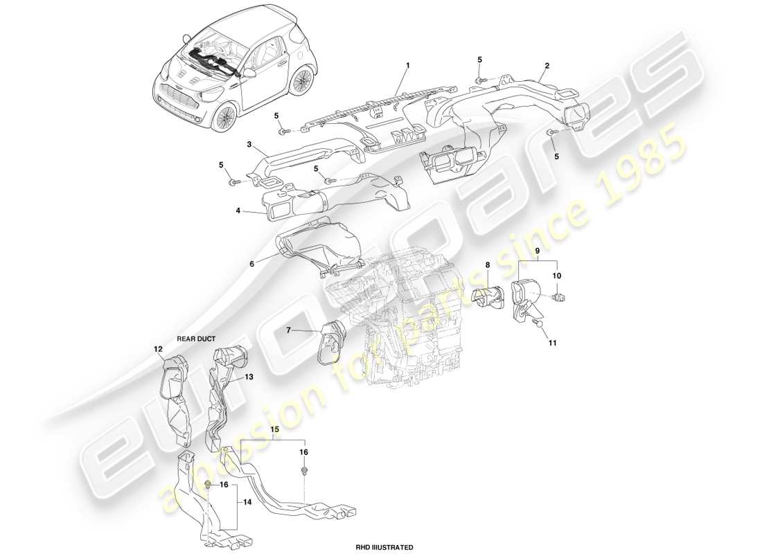 aston martin cygnet (2012) schéma des pièces des conduits de distribution d'air