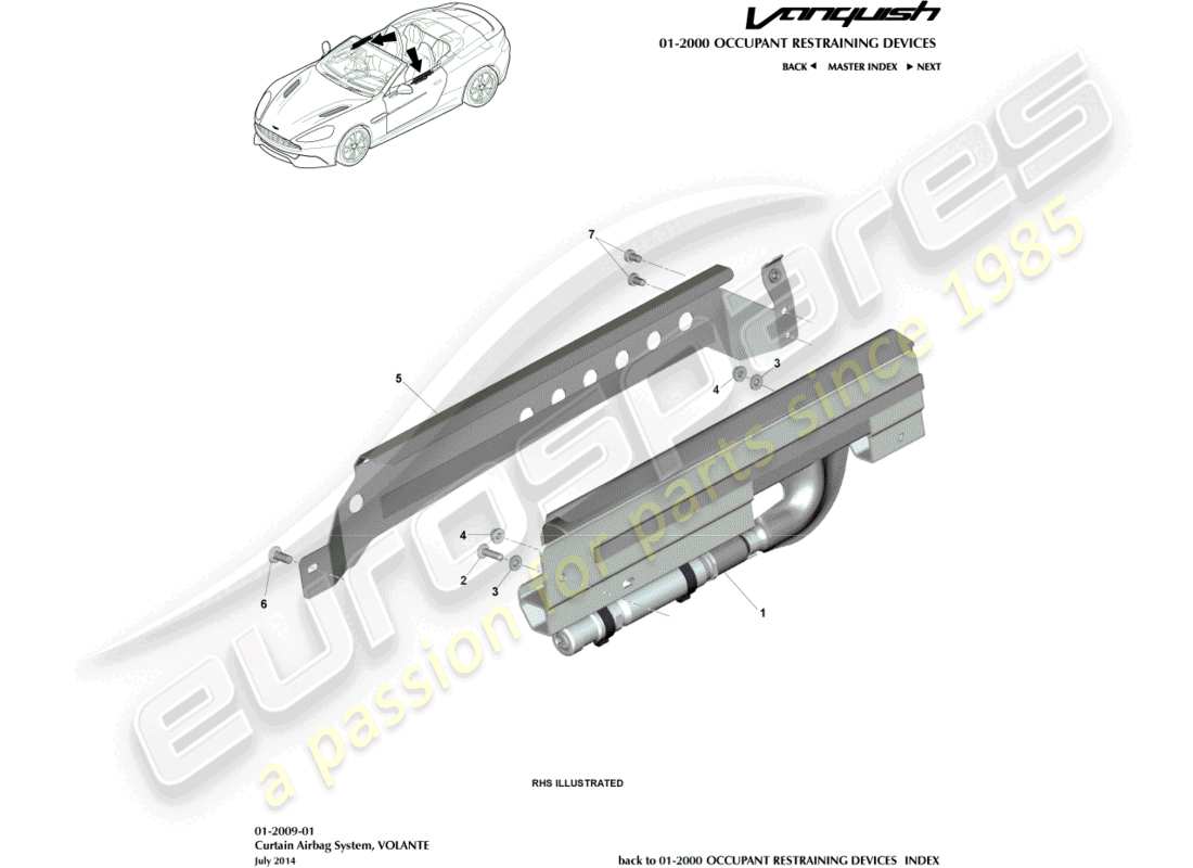 aston martin vanquish (2016) airbag rideau, diagramme de pièce volante