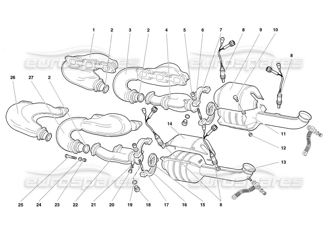 lamborghini diablo sv (1998) exhaust system (valid for usa and canada - november 1998) part diagram