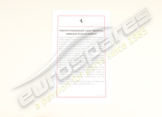 nouveau ferrari notice d'information sur les airbags numéro de pièce 89112300