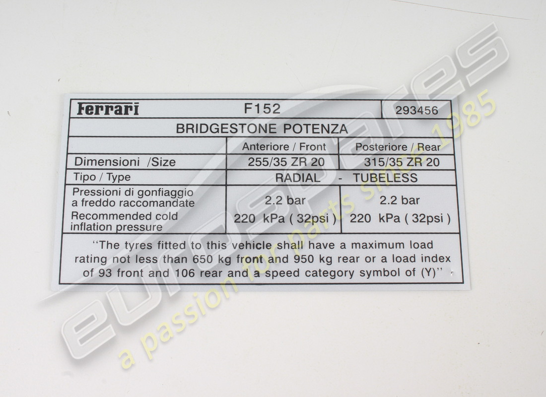 nouvelle étiquette de pression des pneus ferrari, bridg.. numéro de pièce 293456 (1)